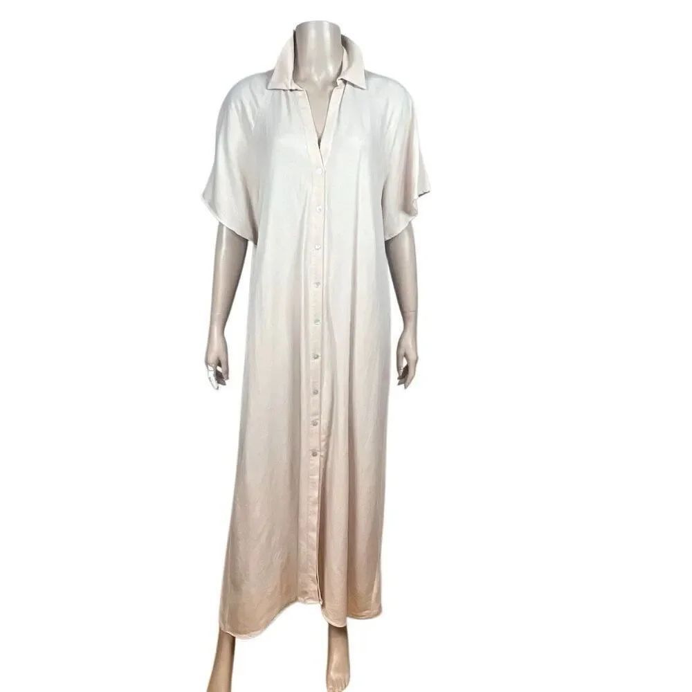 Zara Neutral Beige Button-Front Maxi Shirt Dress Short Sleeve Size M (047)